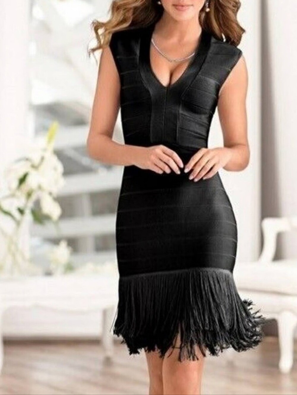 VENUS Black Sleeveless Bandage Fringe-Hem Midi Dress